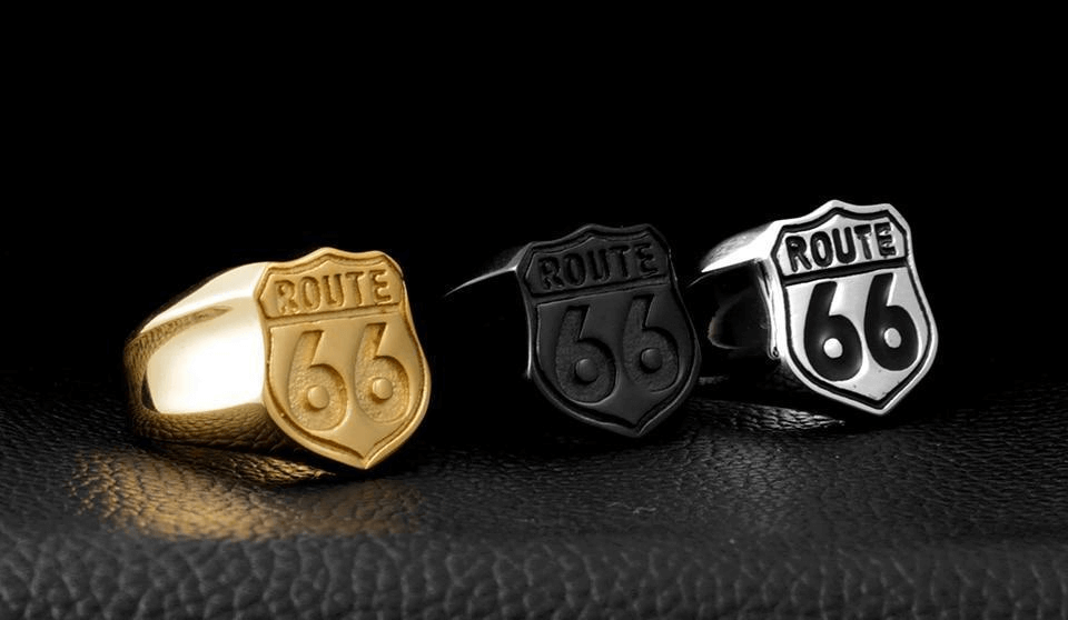 Route 66 Ring in Rock Style / Vintage Stainless Steel Biker Jewelry
