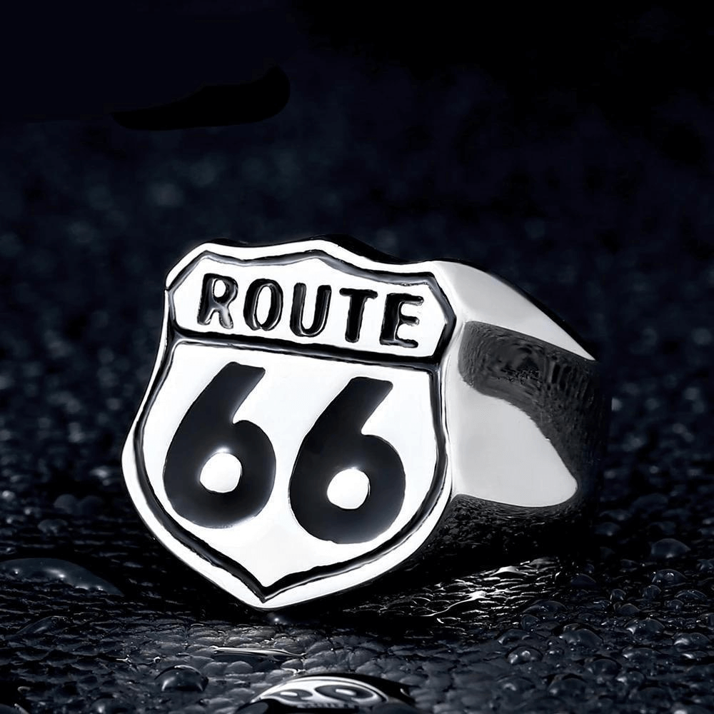 Route 66 Ring in Rock Style / Vintage Stainless Steel Biker Jewelry