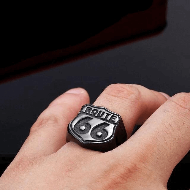 Route 66 Ring in Rock Style / Vintage Stainless Steel Biker Jewelry