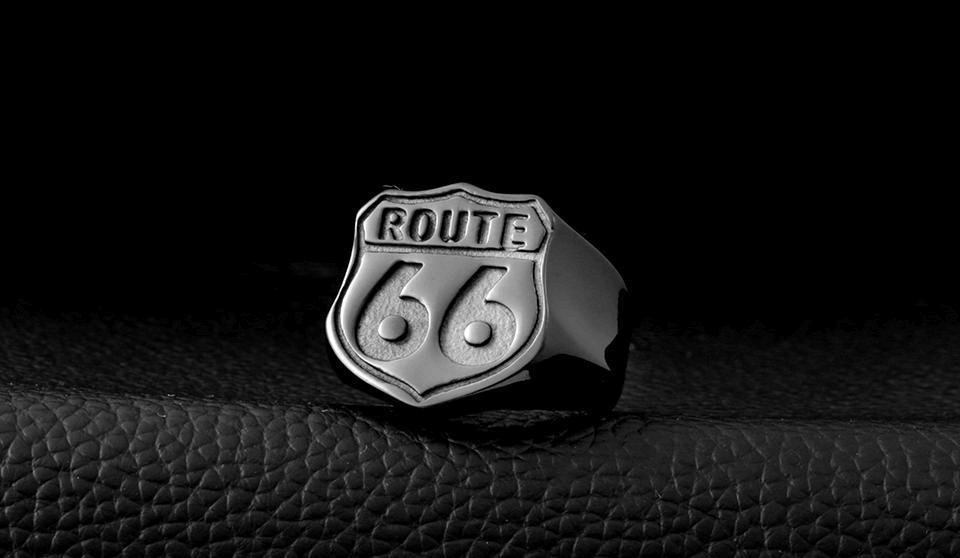 Route 66 Ring in Rock Style / Vintage Stainless Steel Biker Jewelry