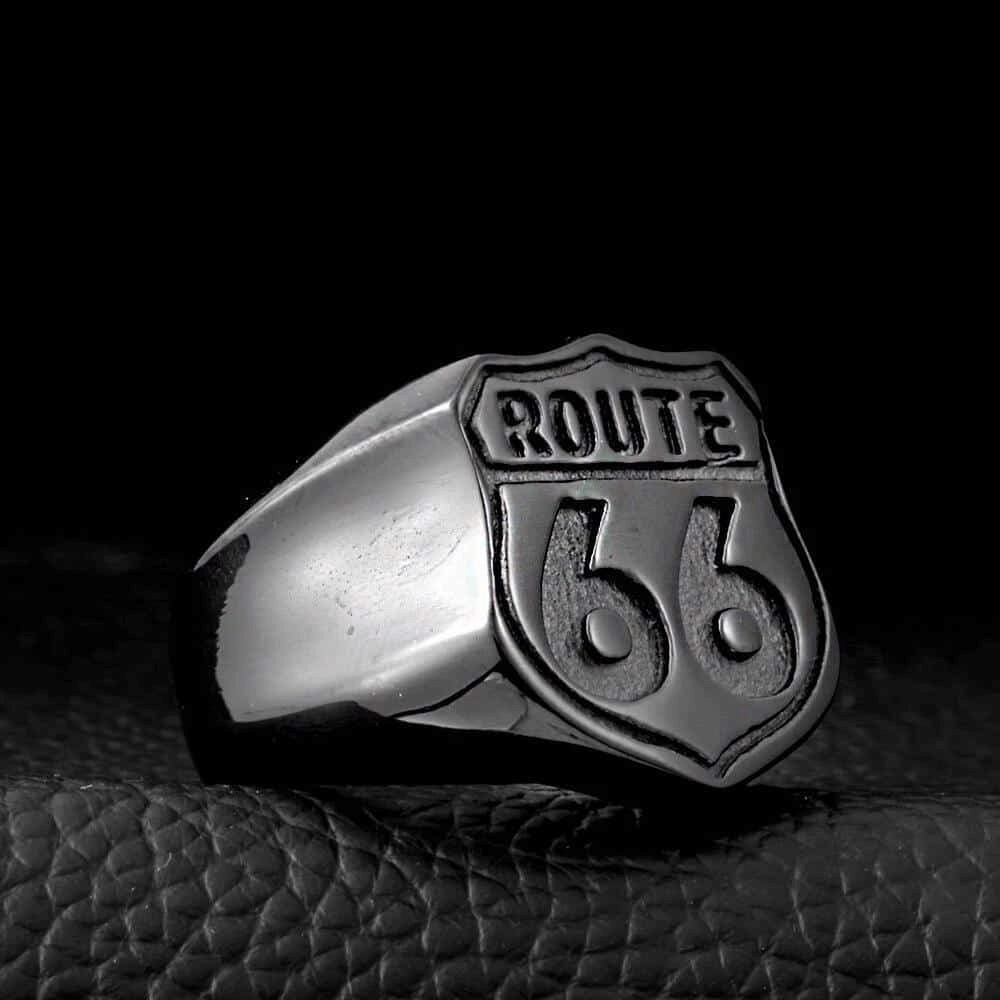 Route 66 Ring in Rock Style / Vintage Stainless Steel Biker Jewelry