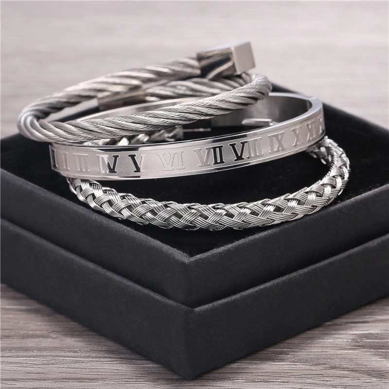 Royal luxury stainless steel bangle 3pcs/set / Roman heavy metal bracelets dark punk