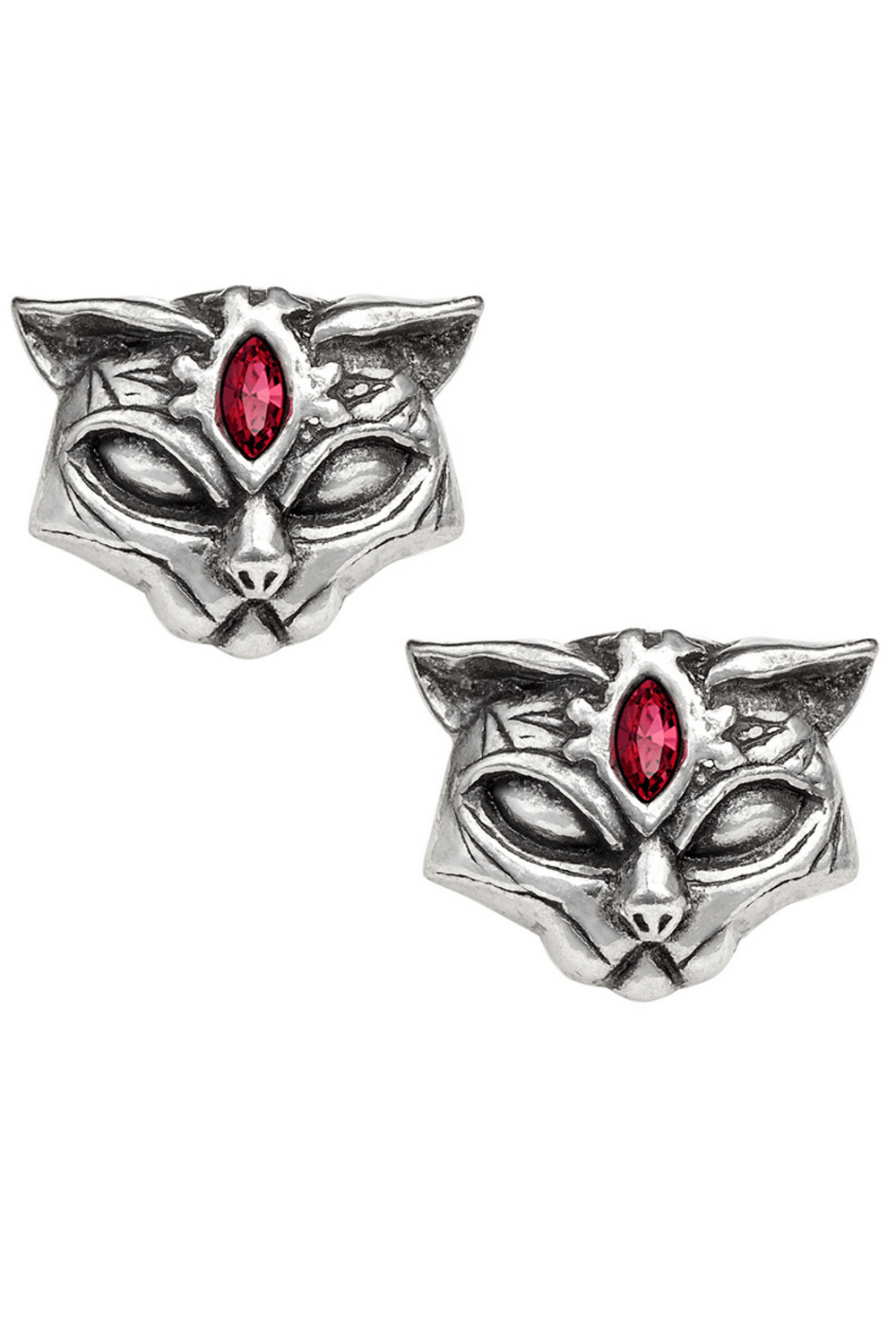 Sacred Cat Stud Earrings with Red Crystal Detail