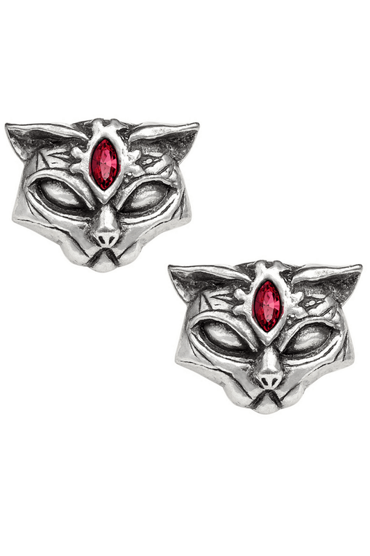 Sacred Cat Stud Earrings with Red Crystal Detail