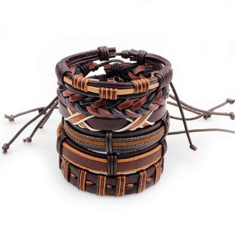 Set of 6 Rock-Style Brown Leather Bracelets & Braided Rope Wristbands