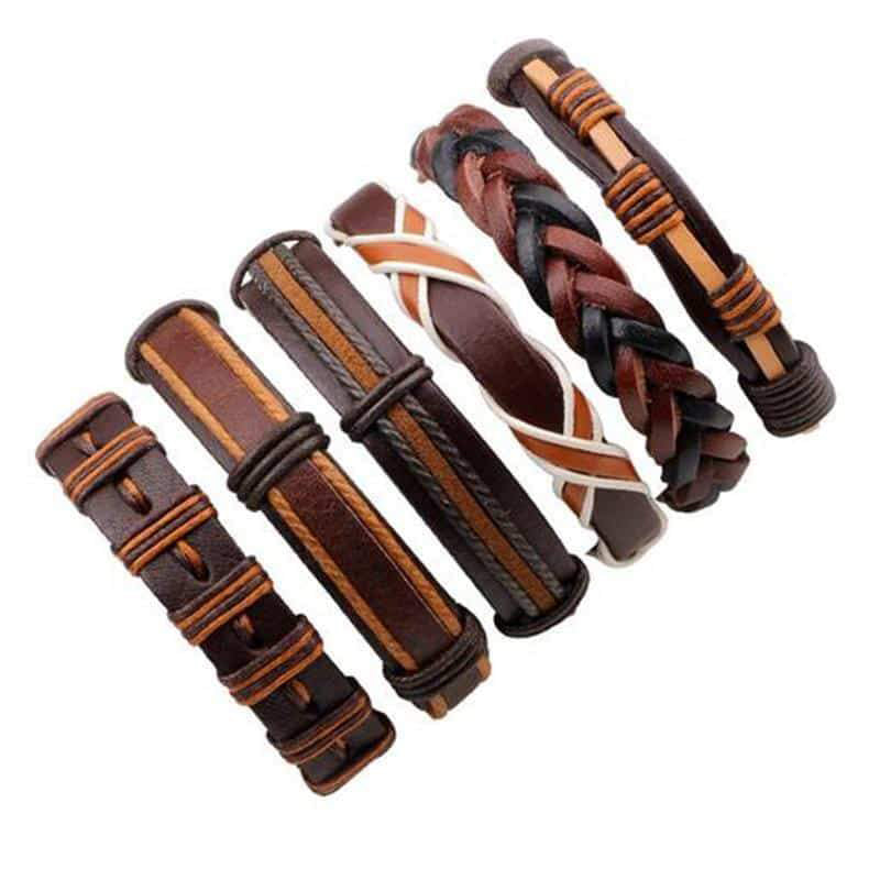 Set of 6 Rock-Style Brown Leather Bracelets & Braided Rope Wristbands