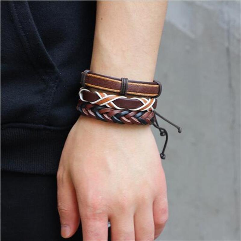 Set of 6 Rock-Style Brown Leather Bracelets & Braided Rope Wristbands