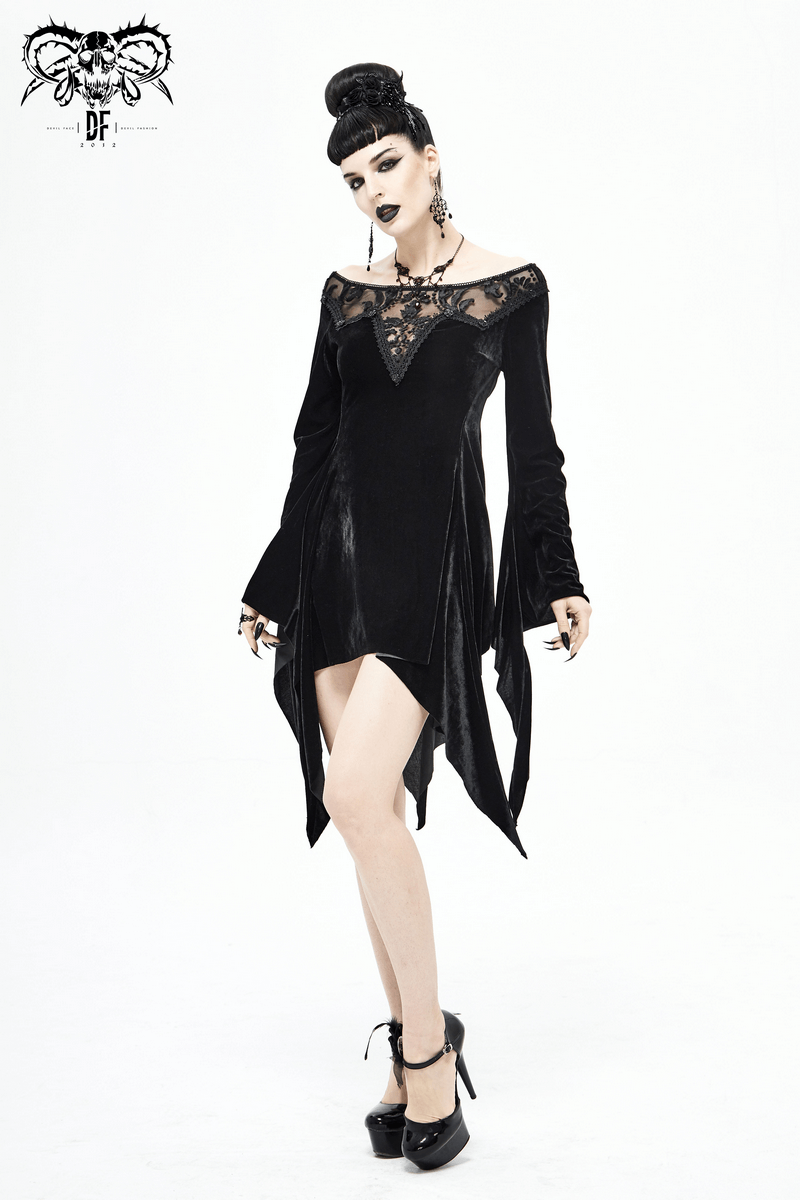 Sexy Asymmetrical Black Long Sleeve Dress / Women's Stylish Open Shoulder Dress in Gothic Style