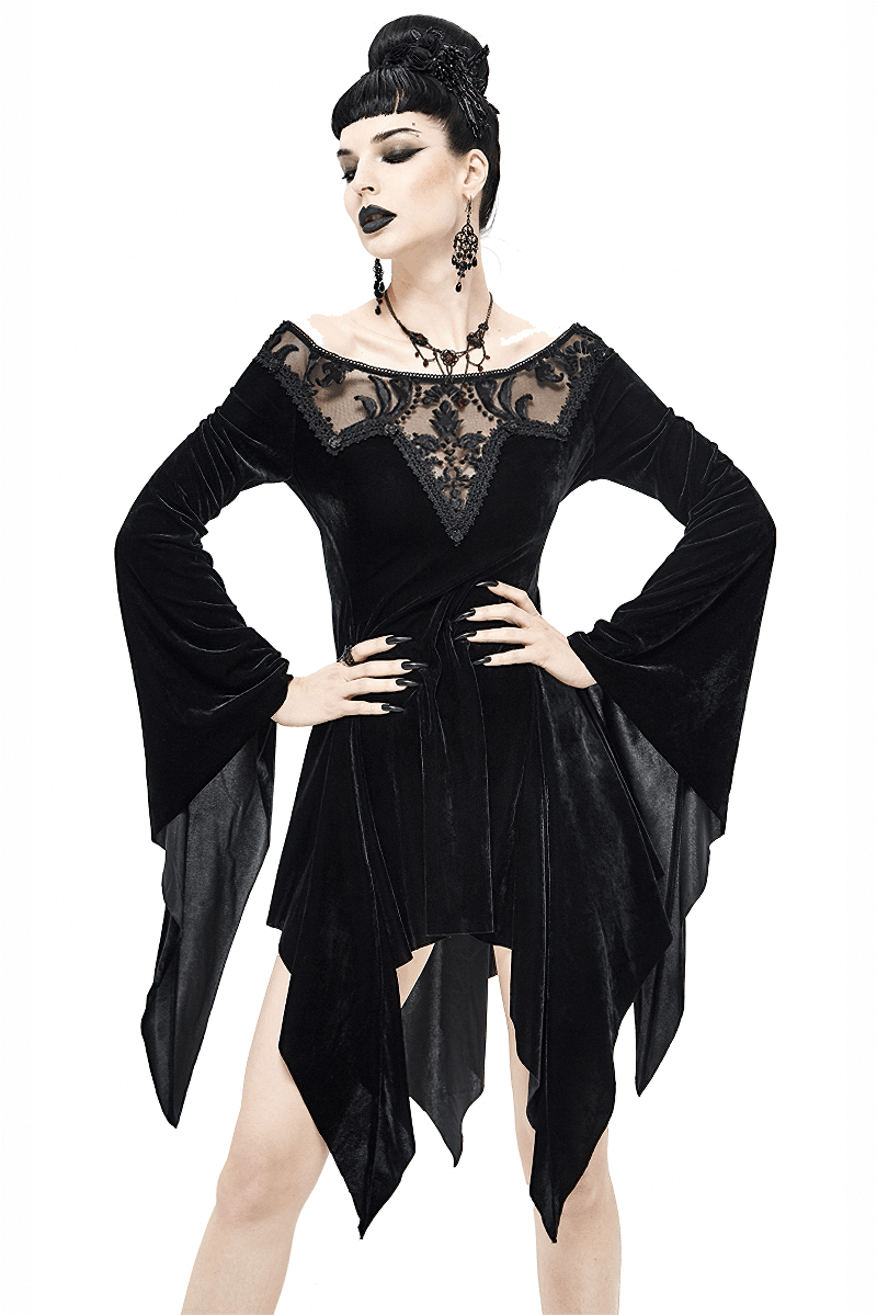 Sexy Asymmetrical Black Long Sleeve Dress / Women's Stylish Open Shoulder Dress in Gothic Style