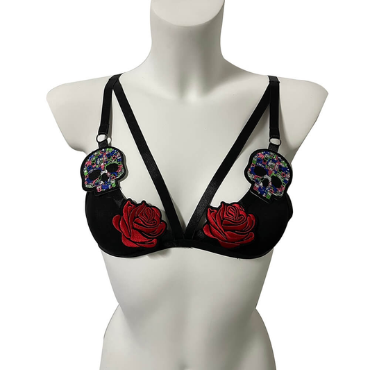 Sexy Black Bra With Red Roses and Skulls / Erotic Female Bras with Adjustable Straps