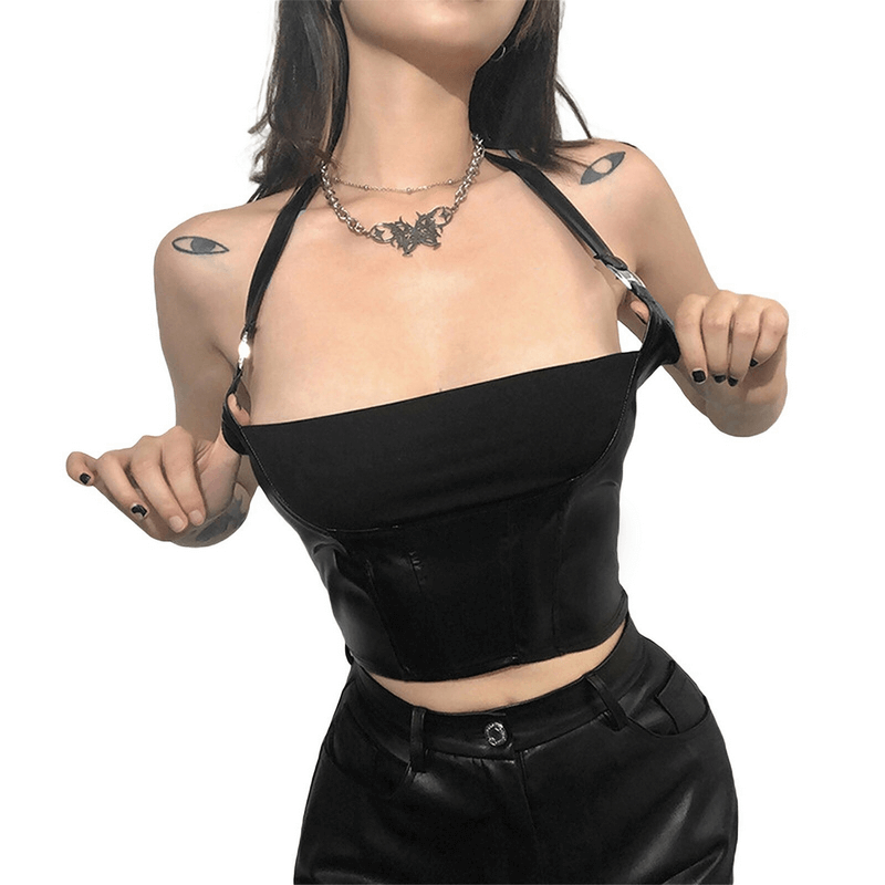 Sexy Black Cropped Tank Top with Buckles / Halter Short Top / Women's Apparel in Rock Style