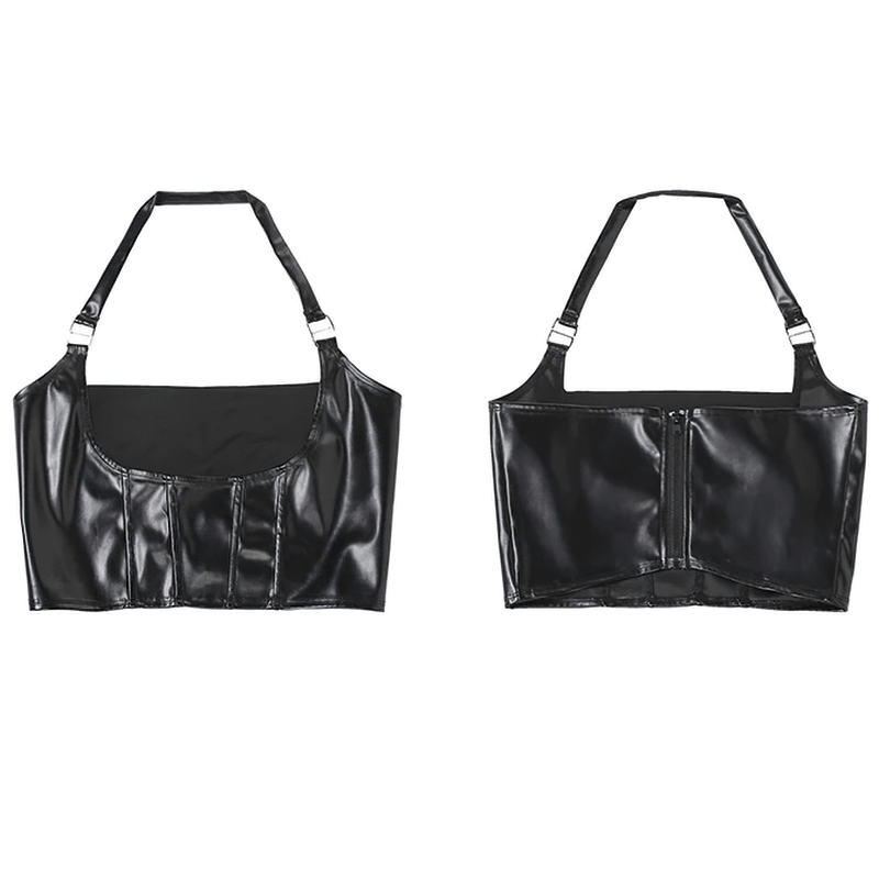 Sexy Black Cropped Tank Top with Buckles / Halter Short Top / Women's Apparel in Rock Style