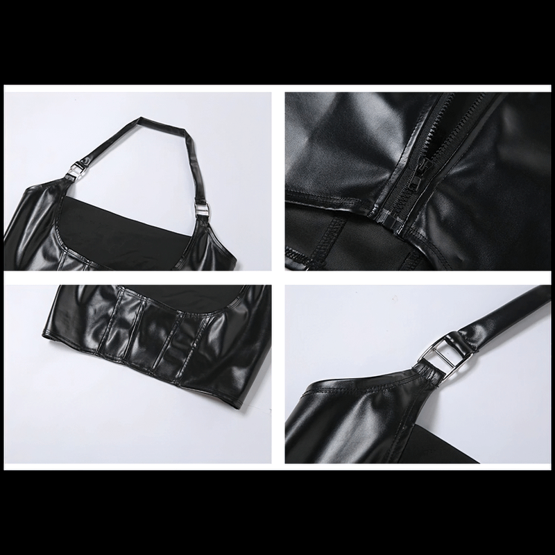 Sexy Black Cropped Tank Top with Buckles / Halter Short Top / Women's Apparel in Rock Style