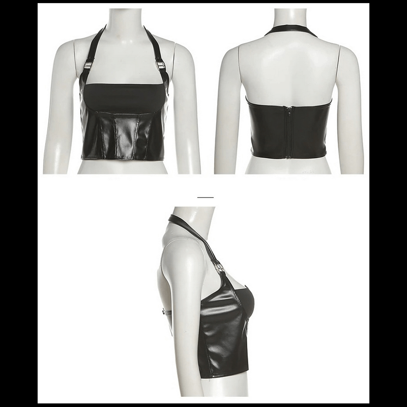 Sexy Black Cropped Tank Top with Buckles / Halter Short Top / Women's Apparel in Rock Style