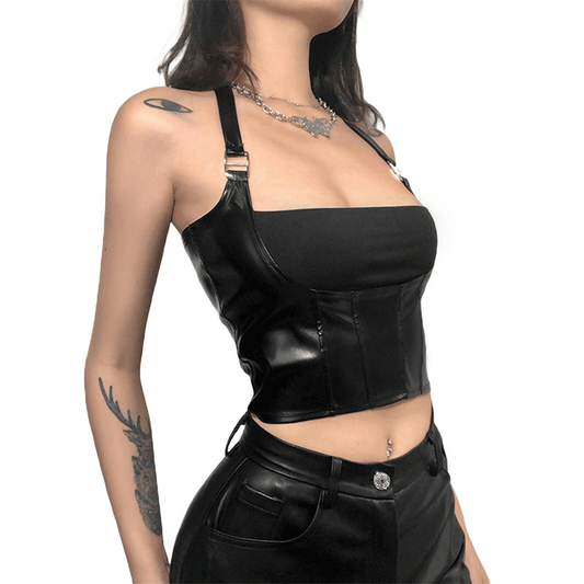 Sexy Black Cropped Tank Top with Buckles / Halter Short Top / Women's Apparel in Rock Style
