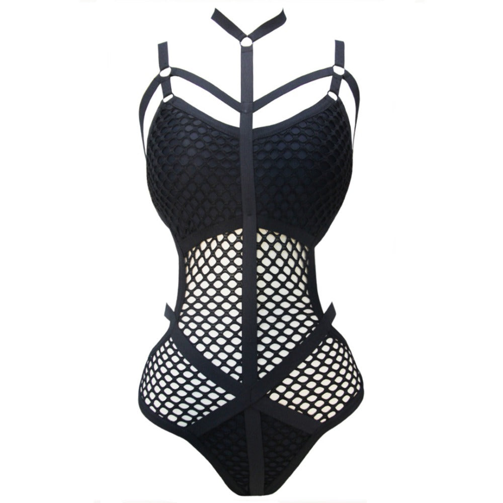 Sexy Black Net Mesh Women's Swimwear / One-Piece Bathing Swimsuit for Beach in Alternative Fashion