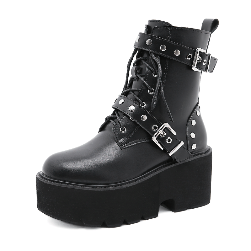 Sexy Black PU Leather Women's Combat Boots With Rivets / High Heels Steampunk Style Platform Shoes