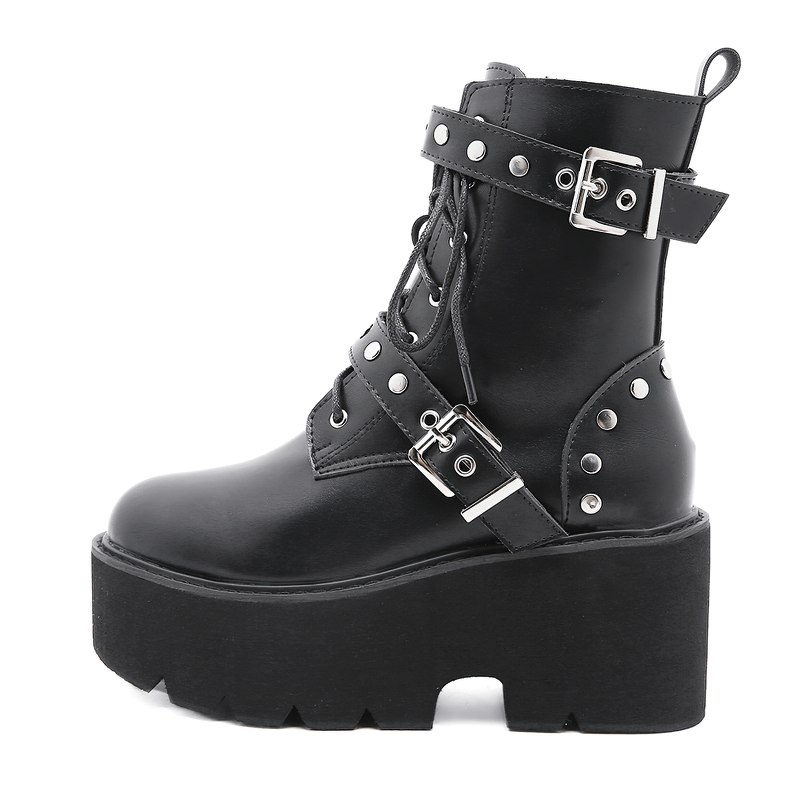 Sexy Black PU Leather Women's Combat Boots With Rivets / High Heels Steampunk Style Platform Shoes