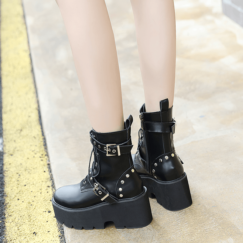 Sexy Black PU Leather Women's Combat Boots With Rivets / High Heels Steampunk Style Platform Shoes