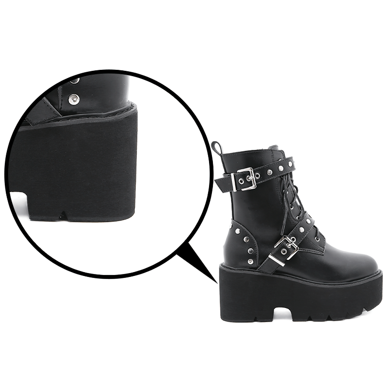 Sexy Black PU Leather Women's Combat Boots With Rivets / High Heels Steampunk Style Platform Shoes