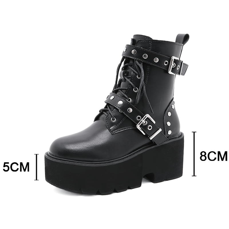 Sexy Black PU Leather Women's Combat Boots With Rivets / High Heels Steampunk Style Platform Shoes
