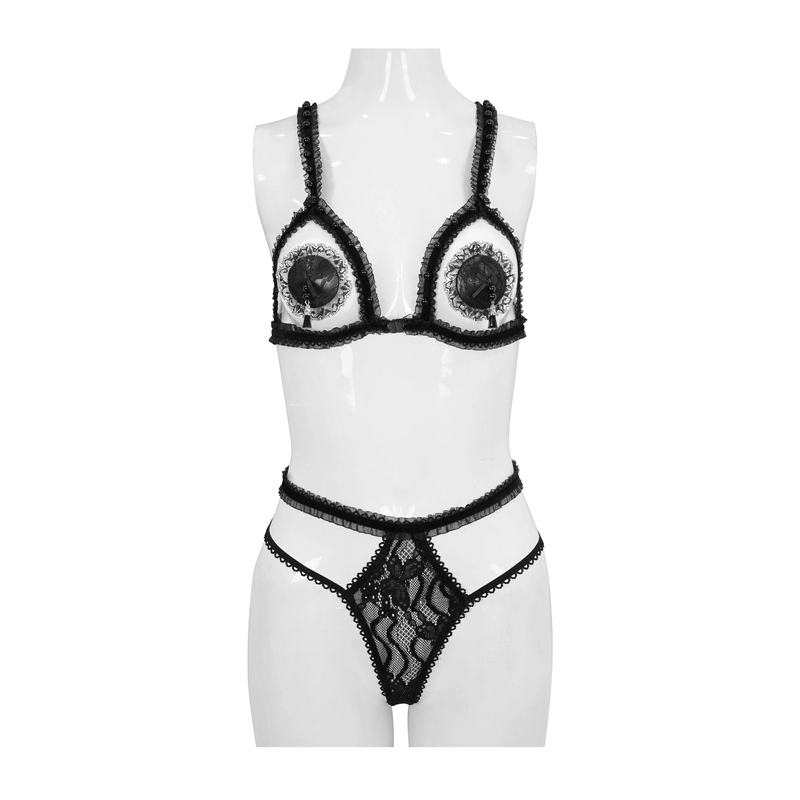 Sexy Black Split Two-Piece Lingerie Set / Gothic Women's Lingerie with Hollow out Bra