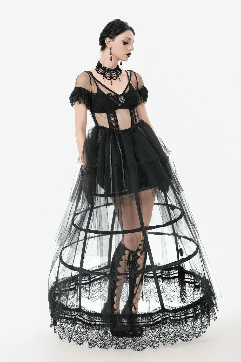 Sexy Black Tulle Gothic Dress with Lace Details and Layers
