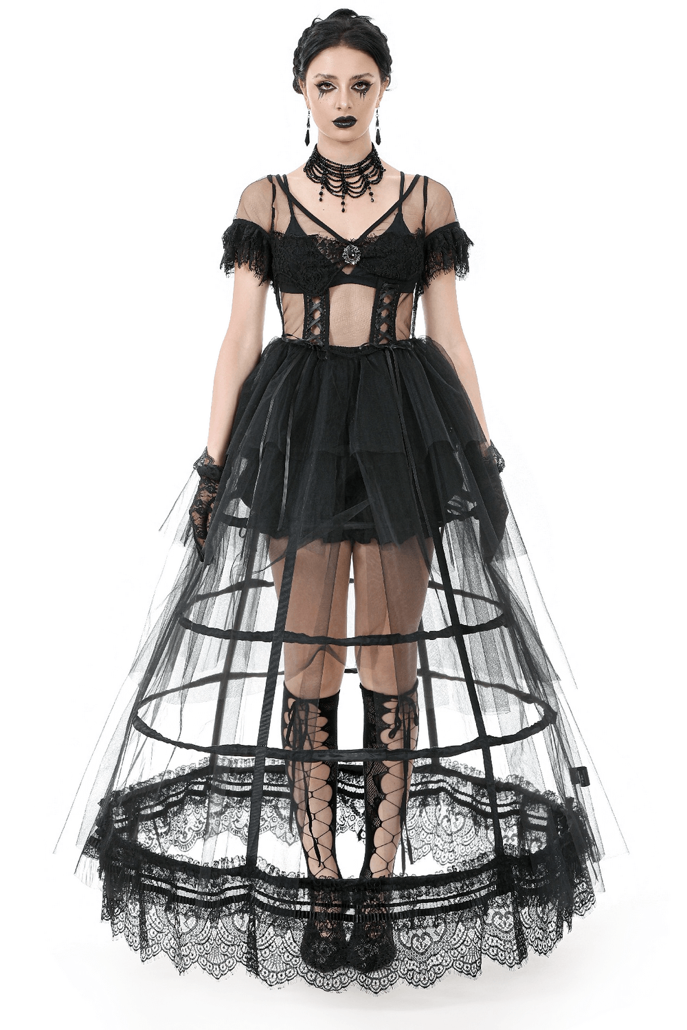 Sexy Black Tulle Gothic Dress with Lace Details and Layers
