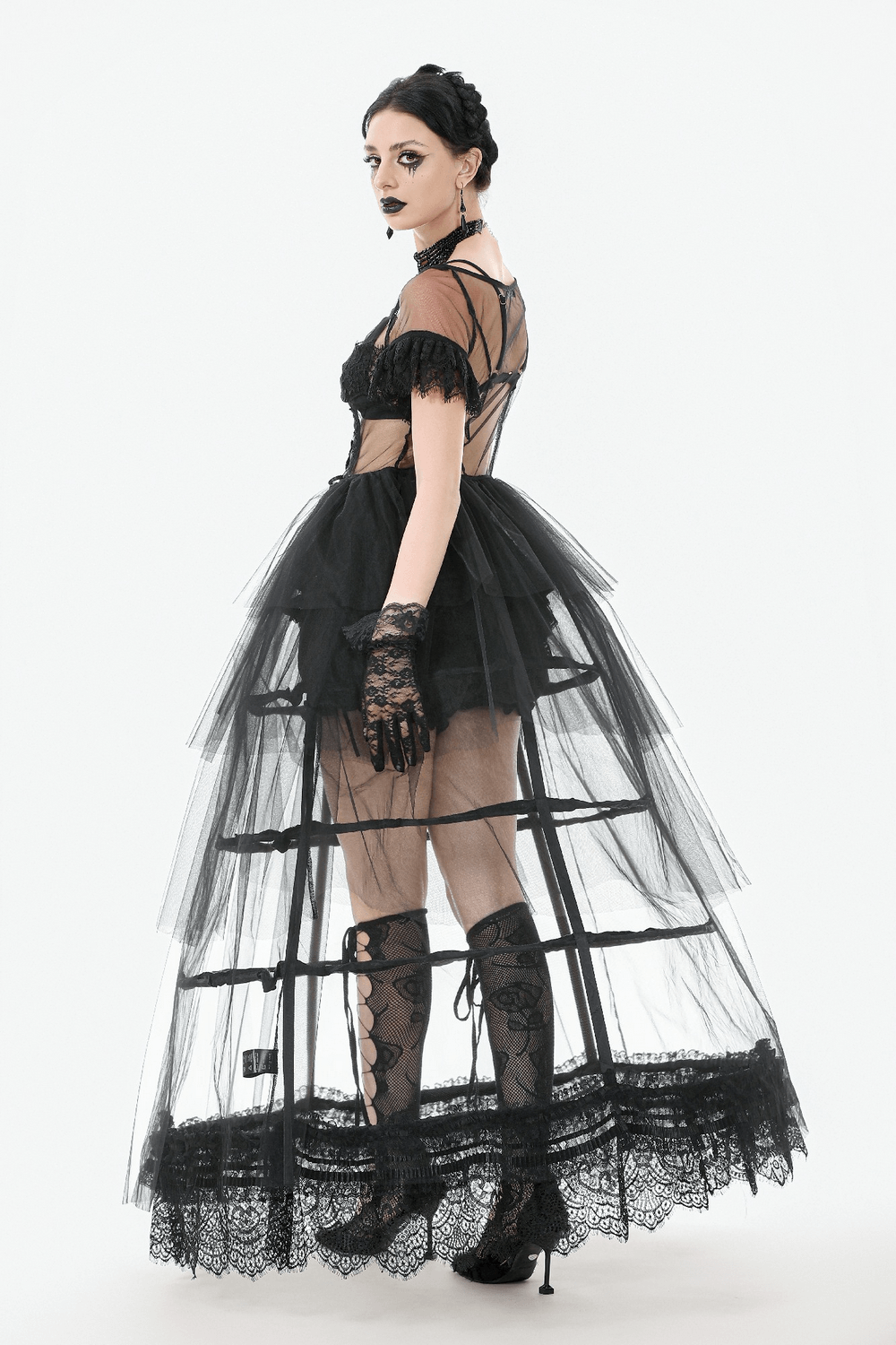 Sexy Black Tulle Gothic Dress with Lace Details and Layers