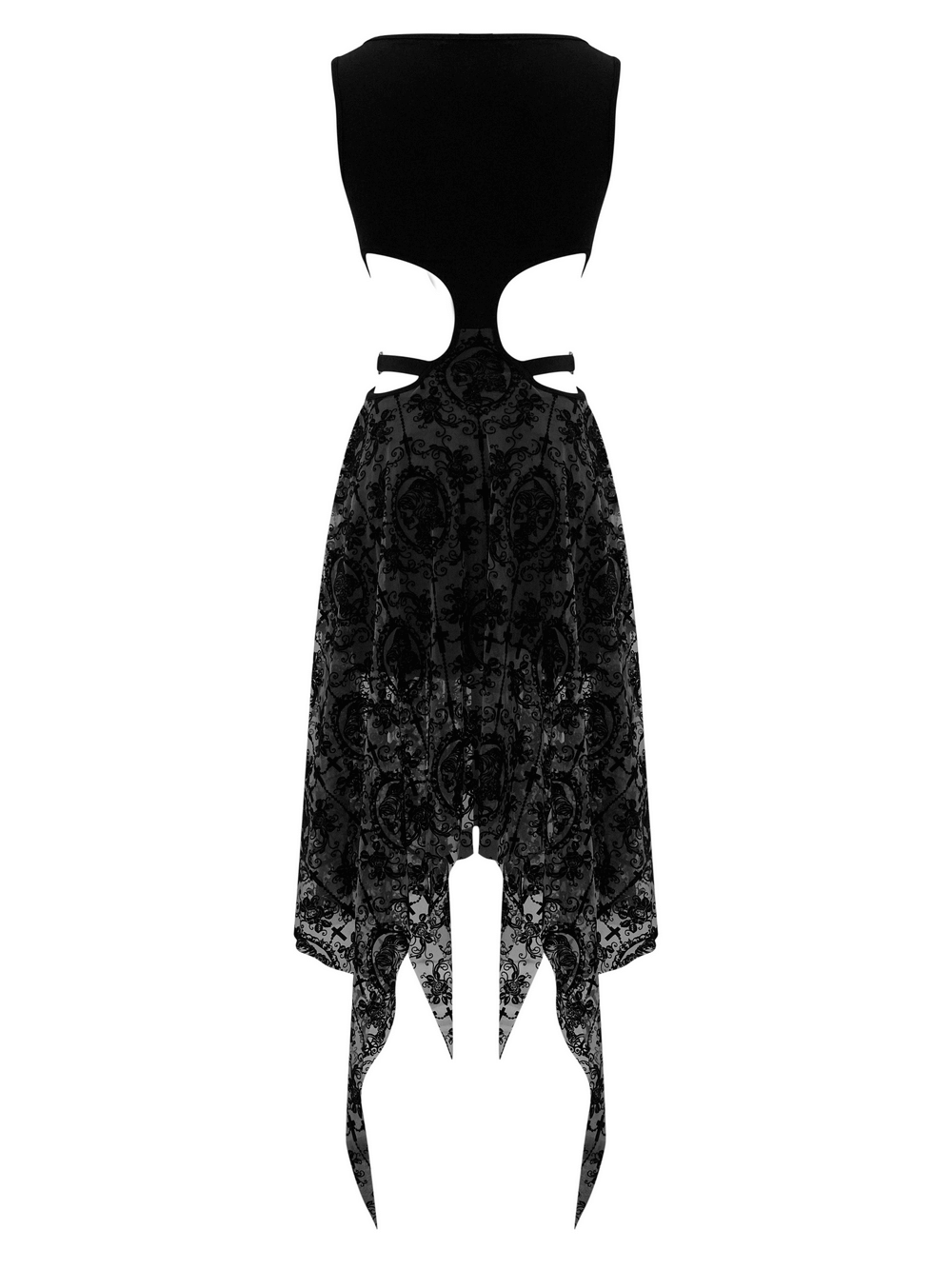 Sexy Black Vintage Pattern Irregular Dress / Gothic Women's Dress With Metal Hearts on Straps