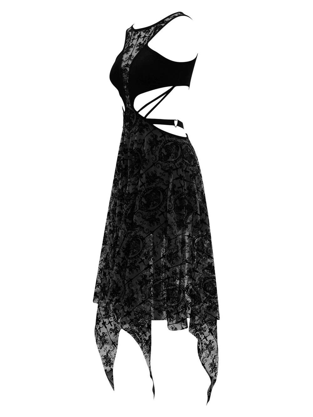 Sexy Black Vintage Pattern Irregular Dress / Gothic Women's Dress With Metal Hearts on Straps