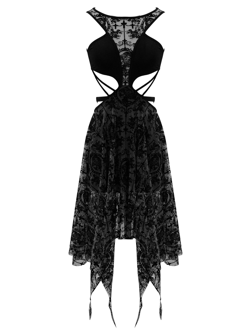 Sexy Black Vintage Pattern Irregular Dress / Gothic Women's Dress With Metal Hearts on Straps