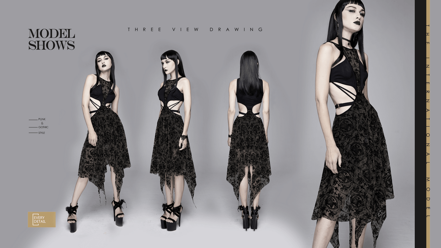 Sexy Black Vintage Pattern Irregular Dress / Gothic Women's Dress With Metal Hearts on Straps