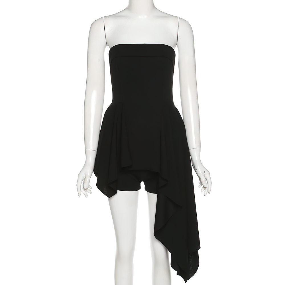 Sexy Black Women's Asymmetrical Dress / Fashion Beautiful Strapless Mini Dress with Shorts