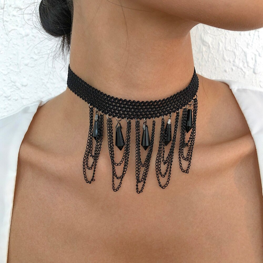 Sexy Black Women's Hanging Rhinestone Necklace/ Short Choker Necklace / Steampunk Style Jewelry