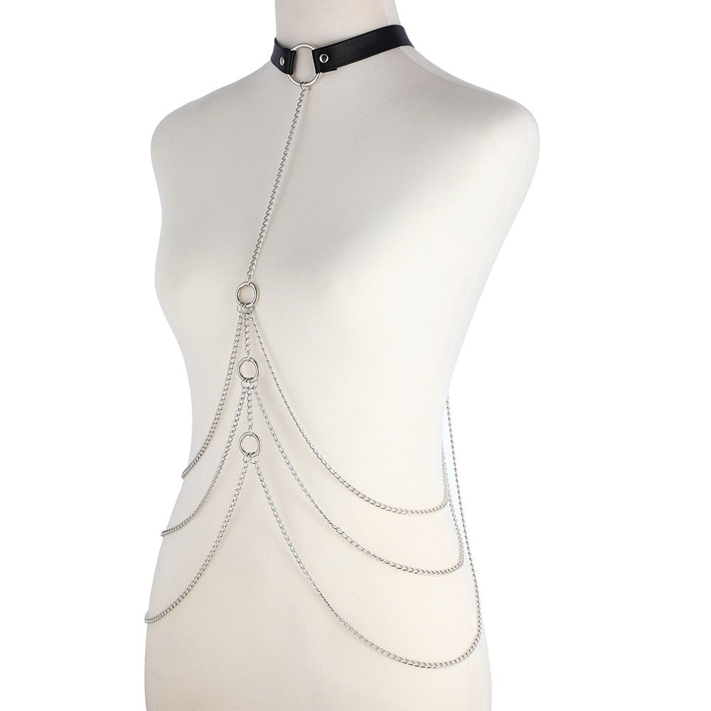 Sexy Body Harness With Metal Chain / Aluminum Jewellery With Faux Leather Collar