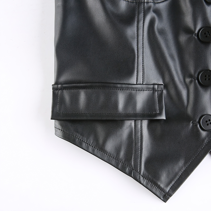Sexy Bodycon Black PU Leather Cropped Vest For Women / Gothic Waistcoat Of Buttons