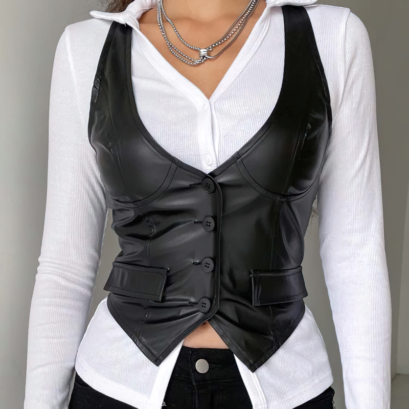 Sexy Bodycon Black PU Leather Cropped Vest For Women / Gothic Waistcoat Of Buttons