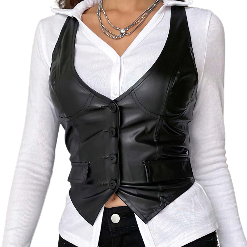 Sexy Bodycon Black PU Leather Cropped Vest For Women / Gothic Waistcoat Of Buttons