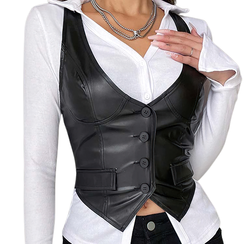 Sexy Bodycon Black PU Leather Cropped Vest For Women / Gothic Waistcoat Of Buttons