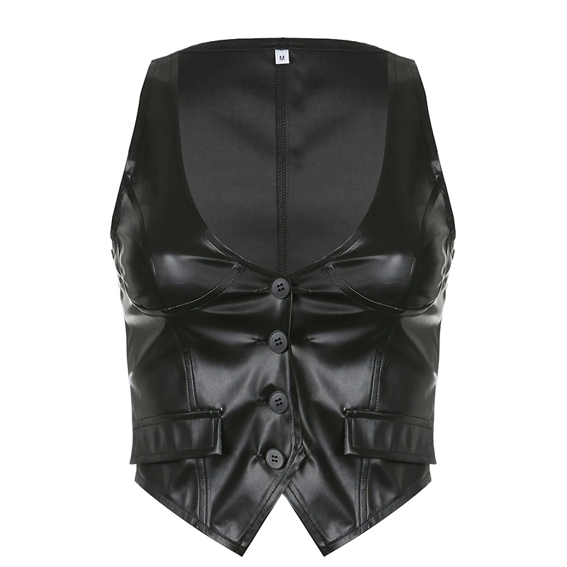 Sexy Bodycon Black PU Leather Cropped Vest For Women / Gothic Waistcoat Of Buttons