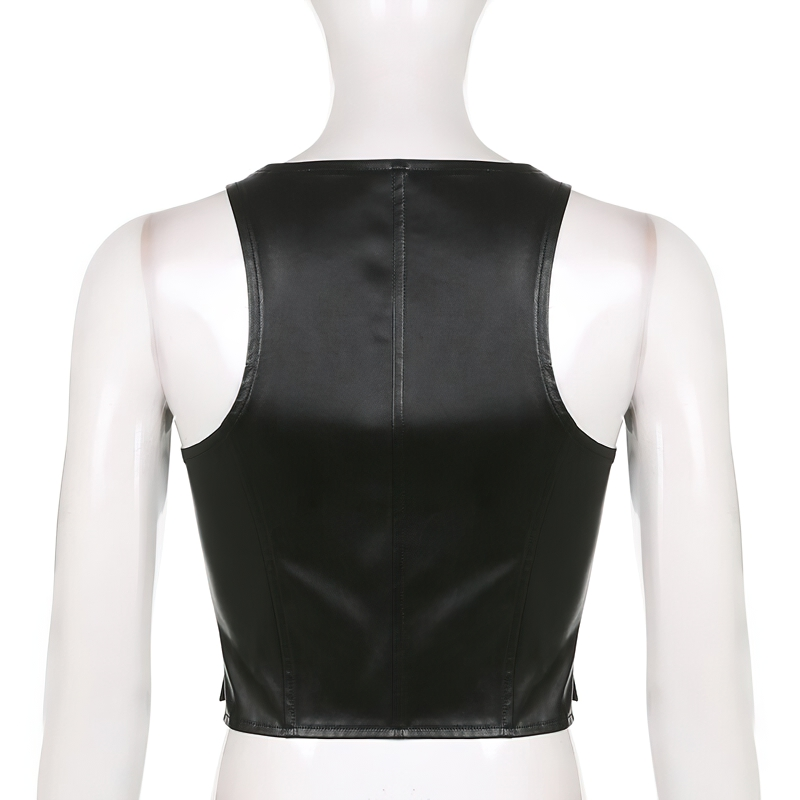 Sexy Bodycon Black PU Leather Cropped Vest For Women / Gothic Waistcoat Of Buttons