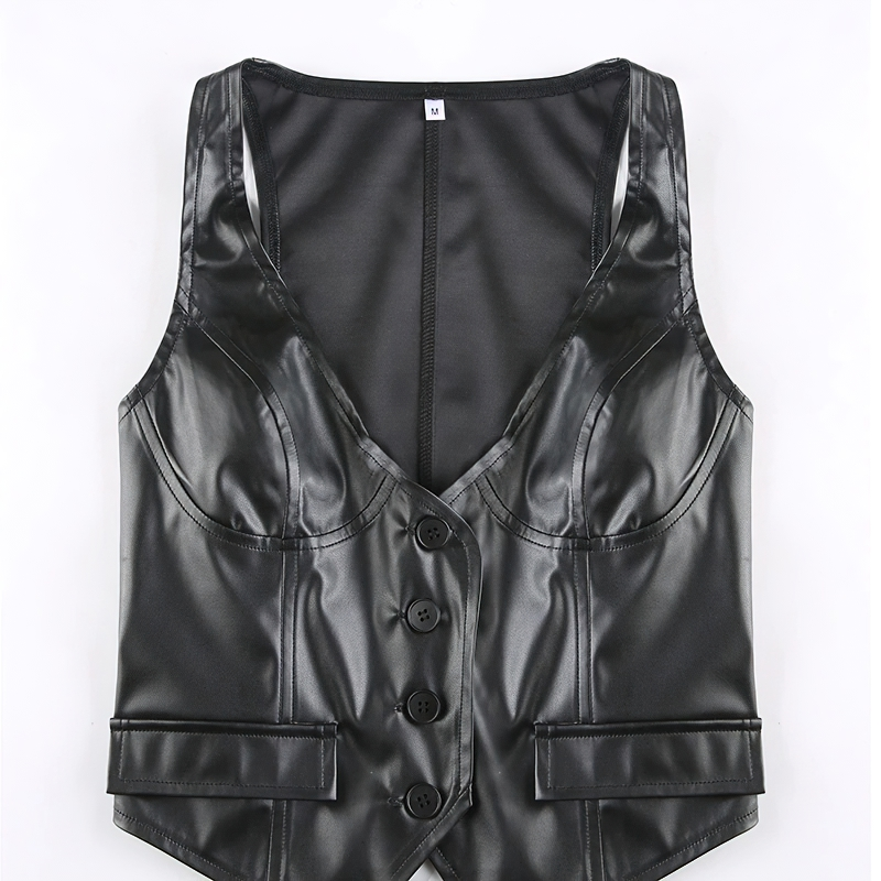Sexy Bodycon Black PU Leather Cropped Vest For Women / Gothic Waistcoat Of Buttons