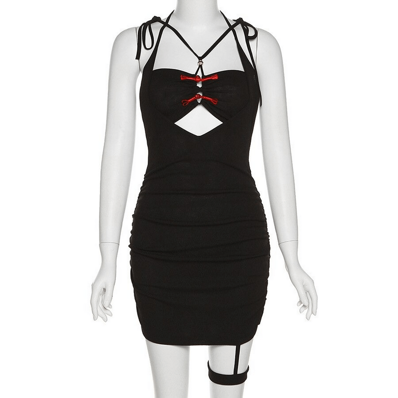 Sexy Bodycon Dress with Garter / Women's Black Mini Dress with Decorative Red Fasteners