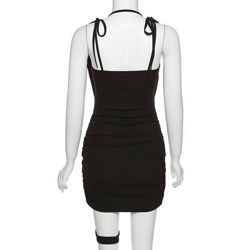 Sexy Bodycon Dress with Garter / Women's Black Mini Dress with Decorative Red Fasteners