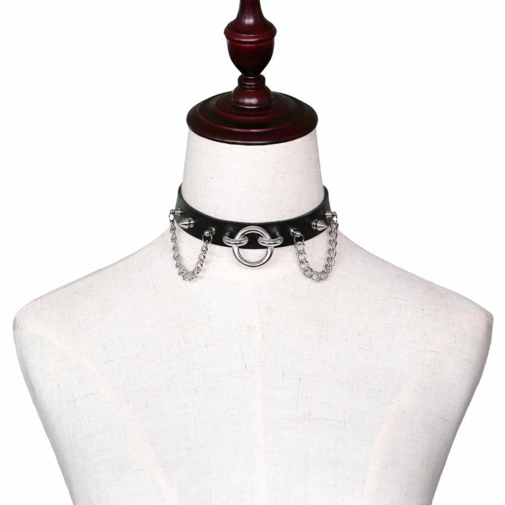 Sexy Collar Choker With Spikes And Chains / PU Leather Gothic Necklace / Neck Accessories