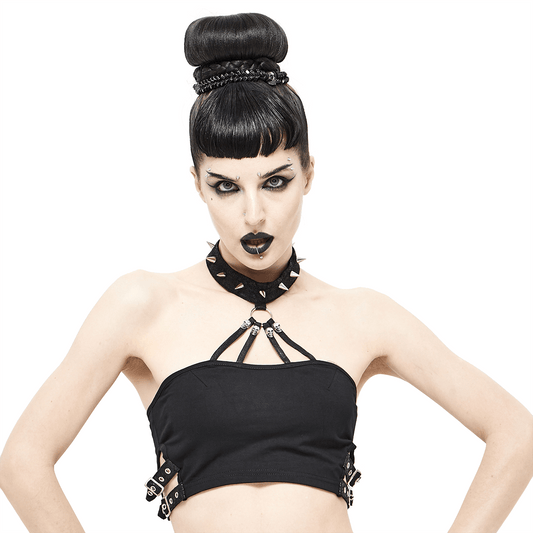 Sexy Crop Top with Buckles / Gothic Style Black Top with Spikes / Female Fashion Tops