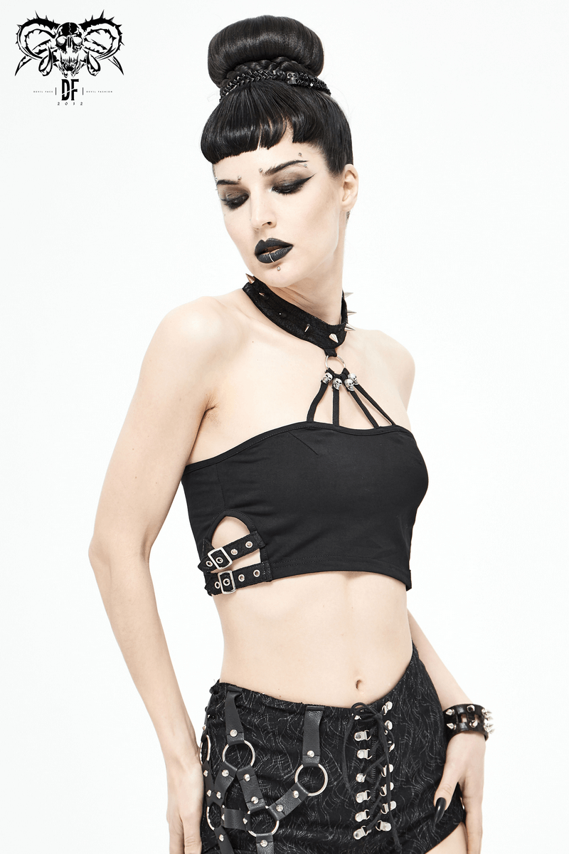 Sexy Crop Top with Buckles / Gothic Style Black Top with Spikes / Female Fashion Tops