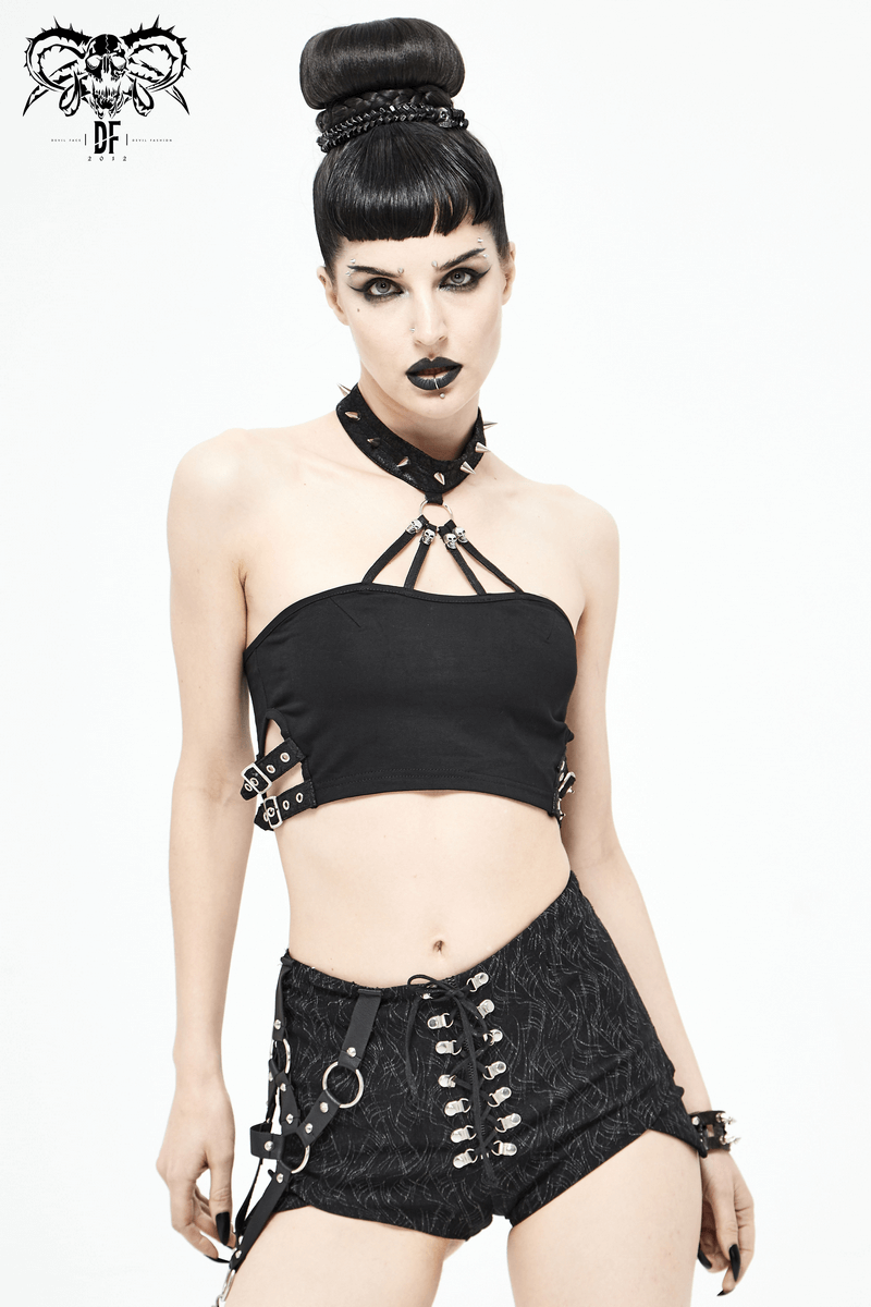 Sexy Crop Top with Buckles / Gothic Style Black Top with Spikes / Female Fashion Tops