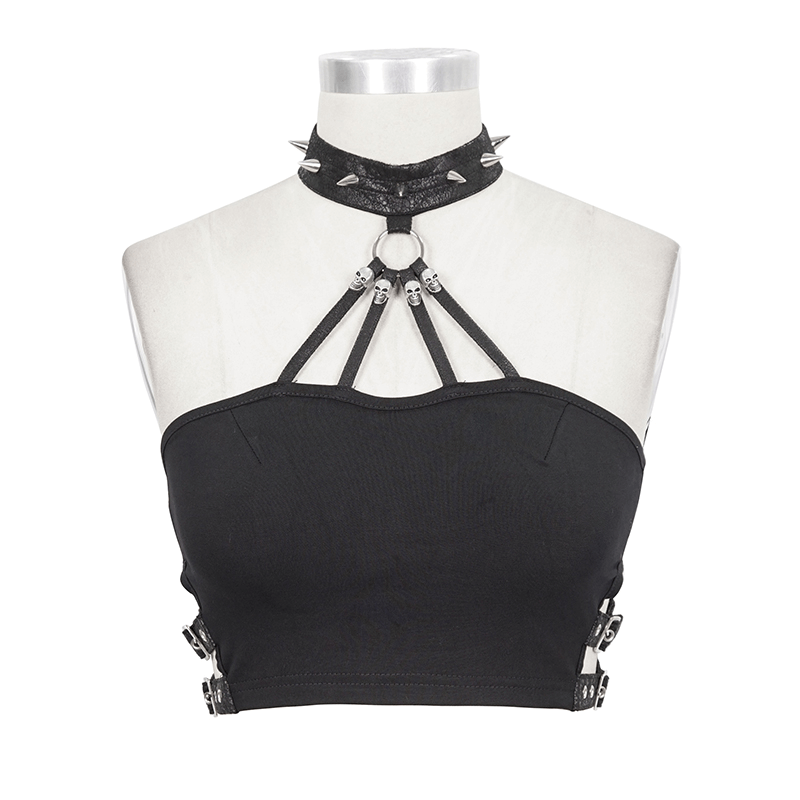 Sexy Crop Top with Buckles / Gothic Style Black Top with Spikes / Female Fashion Tops